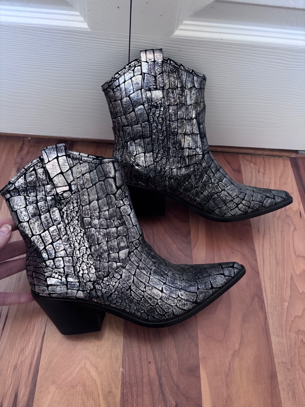 Donald J. Pliner Metallic Silver Croc-Embossed Ankle Booties